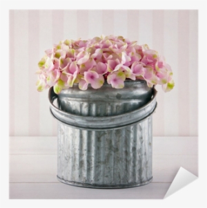 Pink Hydrangea Flowers In A Metal Bucket Sticker • #2602240