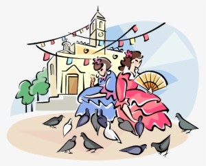 Vector Illustration Of Spanish Girls Feeding The Pigeon - Cartoon #2613414