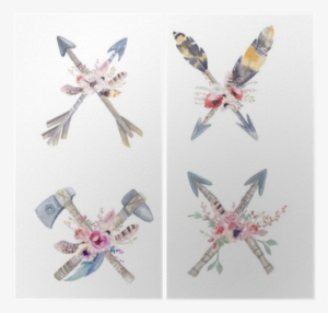Watercolor Colorful Ethnic Set Of Arrows And Flowers - Native American Arrow Stock #2615508