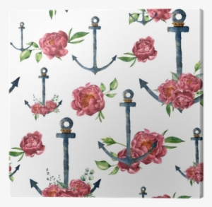 Watercolor Pattern With Vintage Anchor And Peony Flower - Illustration #2623655