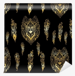 Seamless Pattern With Wolf And Feathers In Ethnic Style - Wallpaper #2627601