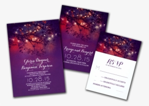 Rustic Tree Branches Purple String Lights Wedding Invitation #2629551