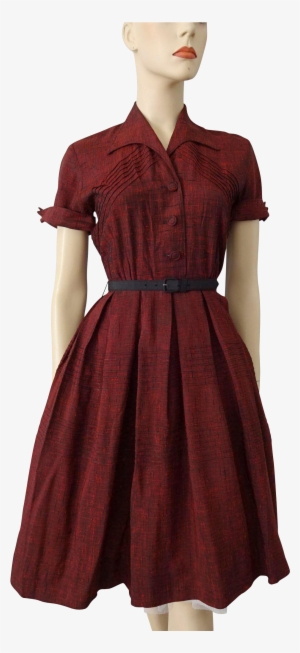 Womens Vintage 1950s Day Dress Red Shantung Fit And - Mannequin #278445