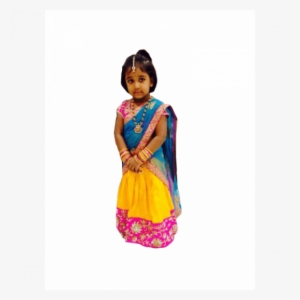 Yellow And Blue With Pink Blouse Kid Lehenga Voni - Half Saree For Baby Girl #2706713