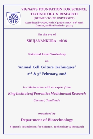 National Level Workshop On Animal Cell Culture Techniques - Vignan University #2749185