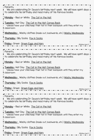 Free Letter To Send Home About Dressing Up For Dr - Dr Seuss Dress Up Letter #2779179