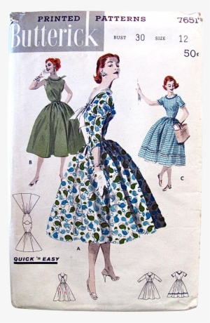 1956 Vintage Misses Full Skirt Dress, Butterick 7651, - Patterns #2780447
