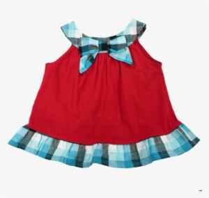 Red Tank With Blue Plaid Bow And Strap With Button - Blue #2785301
