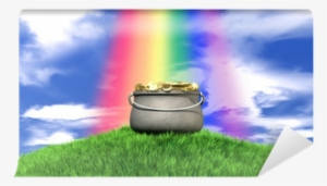 Pot Of Gold And Rainbow On Grassy Hill Wall Mural • - Gold #2819645