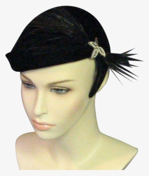 Beautiful 1950's Clip Black Velvet Hat - Headpiece #2869385