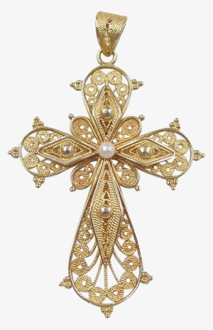 Vintage 18k Gold Filigree Cross Pendant With Cultured - Transparent Background Crucifix Png #2869539