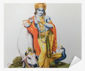 Image Of Hindu God Krishna With Cow, Peacock , Flute - Lord Krishna With Cow #298584