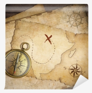 Aged Brass Nautical Compass On Table With Old Treasure - Mapas Compas #2905758