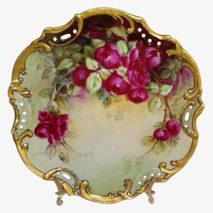Antique Austria Hand Painted Plate With Ruby Red Roses - Ceramic #2925107