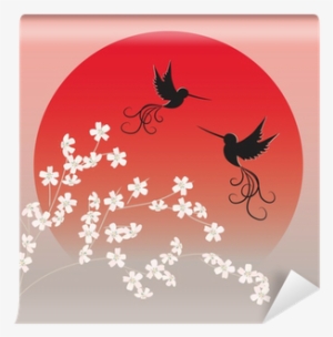 Two Flying Birds And Sakura In Front Of Red Sun Wall - Stock Illustration #2935963