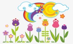 Vinilo Decorativo Floral Con Sol, Nubes Y Arcoíris - Rainbow #2967538