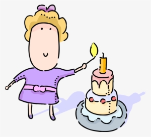 Vector Illustration Of Young Girl Lights Candle On - Birthday Cake #2986694