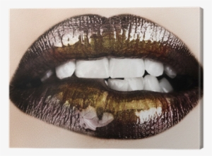 Woman Biting Her Lips With Black Glossy Lipstick Canvas - Black Woman Biting Her Lip #3003994