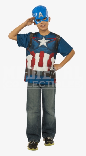 Kids Avengers 2 Captain America Costume Top And Mask - Avengers 2 Captain America T-shirt Costume #3008252