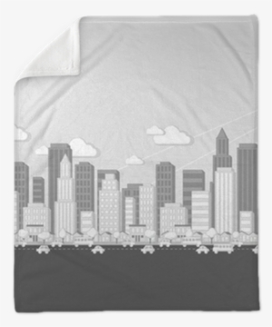 Black And White Cartoon City Landscape Plush Blanket - Drawing #3012254