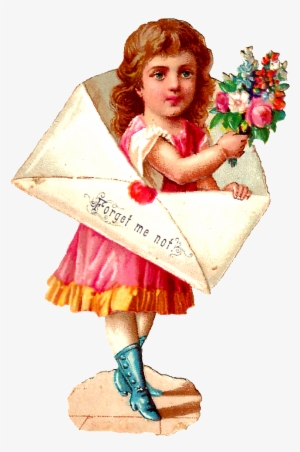 Vintage Girl Clipart - Girl Into Letter Bouquet Of Flowers Valentines Day #3013034
