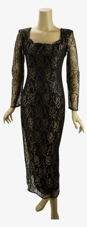 Vintage 1990s Formal Dress Black And Gold Lace Form - Church Avenue Line #3017023