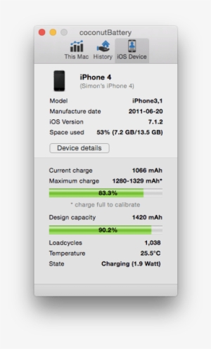It Will Also Display Ios Version And Space Used, As - Coconut Battery Iphone #3083314