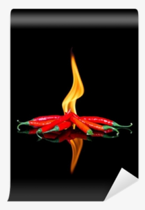 Red Chilli On Black Surface With Flames Wall Mural - Emblem #3084131