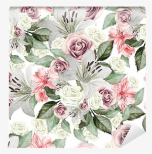 Bright Watercolor Seamless Pattern With Flowers Lilies, - Watercolor Painting #314271