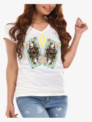 Queen Of Hearts Floral Cards Ladies V Neck T Shirt - Lord Of The Rings T Shirt Womens #3103491