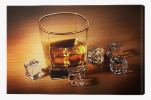 Glass Of Scotch Whiskey And Ice On Wooden Table Canvas - Whisky #3108488