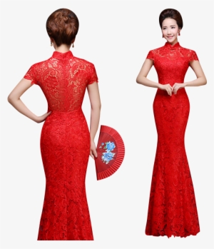 Bsjy-16278 Red Lace Mandarin Collar Mermaid Qipao Traditional - Dress #3113210