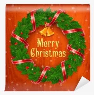 Christmas Holly Berry Wreath With Red Ribbon And Bell, - Illustration #3129666