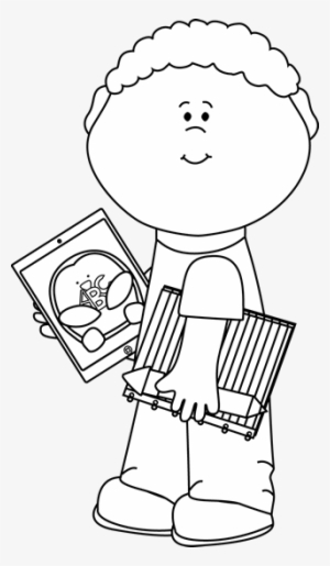 Black And White Kid With School Supplies And Tablet - Technology Clip Art Black And White #3192422