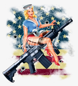 Pin-up Girl On Rifle With Flag - Pin Up Girl Gun #3203409