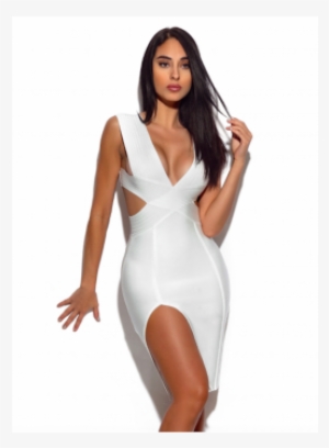 "pearl" Sexy White Cut Out Detail Bandage Dress - Sukienka Z Głębokim Dekoltem #3221437
