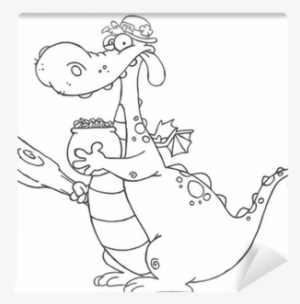 Outlined Dragon Leprechaun Holding A Mace And Pot Of - Funny Dragon Clipart Black And White #3224616