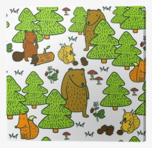 Cute Pattern With Cartoon Forest Animals Canvas Print - Stock Illustration #3237593