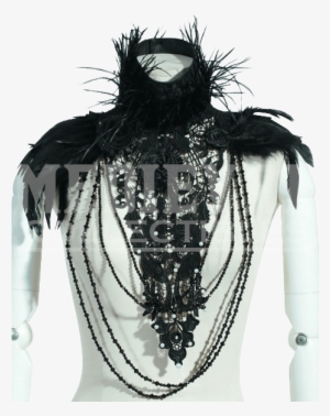 Gothic Feathered Black Rose Neck Drape - Red Queen's Black Legion. Necklace With High Neck Feathers, #3276001