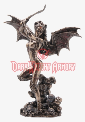 Bronze Bat Wing Female Warrior With Scimitar Statue - Gothic Female Warrior With Bat Wings Statue #3291553