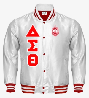 Delta Sigma Theta Embroidered Satin Baseball Bomber - Delta Sigma Theta White Jacket #3302512