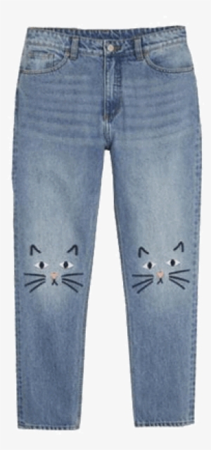 Itgirl Shop Cat Face Knee Embroidery Jeans Aesthetic - Jeans #3325297