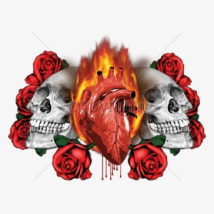 2 Skulls Flaming Heart - T Shirt Royal Blue Gothik Tattoo Greaser #3387685