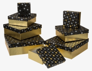 Caja De Regalo Negra Con Estrellas Plateadas/doradas - Caja Negra Con Estrellas #3469344