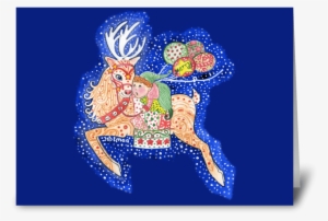 Elf Riding Christmas Reindeer Greeting Card - Reindeer And Santa's Helper Card #350790