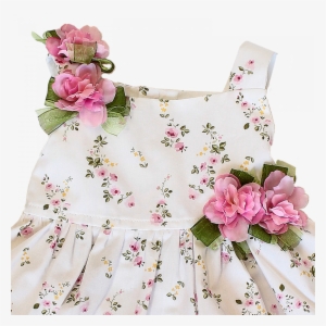 Dress In White Cotton With Floral Print - Artificial Flower #3525126