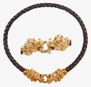 18k Yellow Gold Dragon Brown Braided Leather Cord Necklace - Necklace #3549588