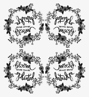 Black & White Bloom Where You Are Planted Wreath Fabric - Spoonflower, Inc. #3560170