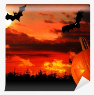 Halloween Background With Flying Bats And Evil Pumpkin - Halloween #3565943