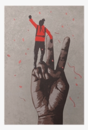 Big Hand In Victory Sign And Man With Arm Raised,illustration - Hombre Con Mano Grande #3593539